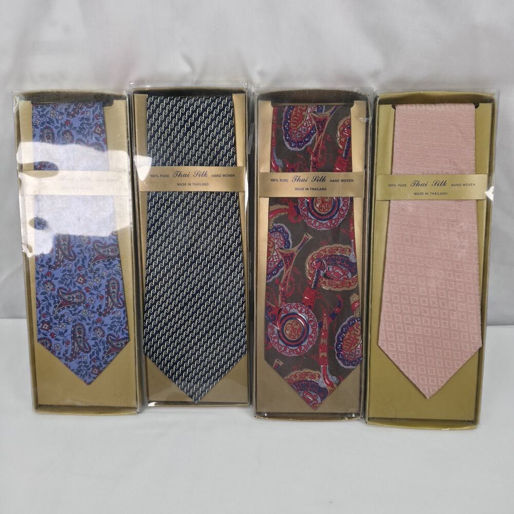 Thai Silk Mens Neckties Lot 4 Pure Silk Hand Woven Paisley Geometric Boxed